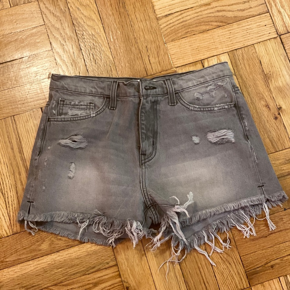 distressed grey denim shorts